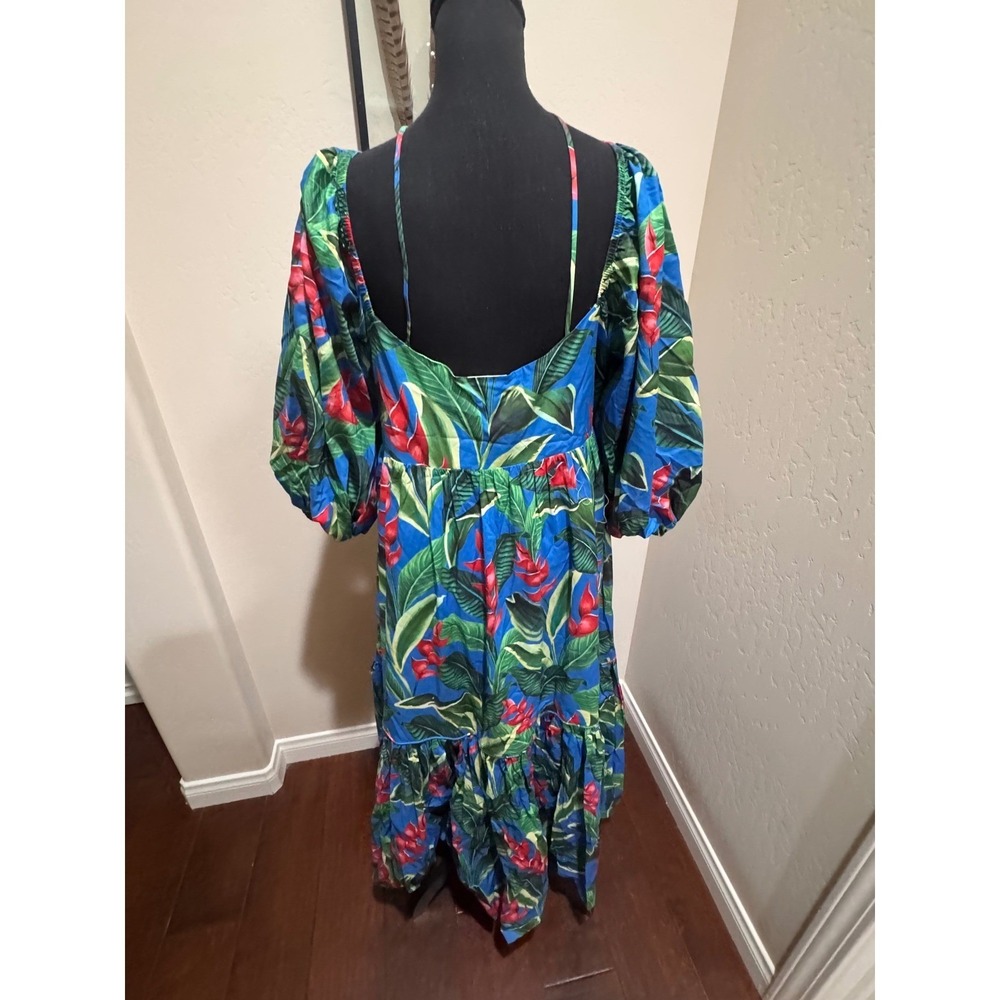 Farm Rio Blue Tropical Botanical Print Beaded Tiered Midi Dress Large - Picture 4 of 8